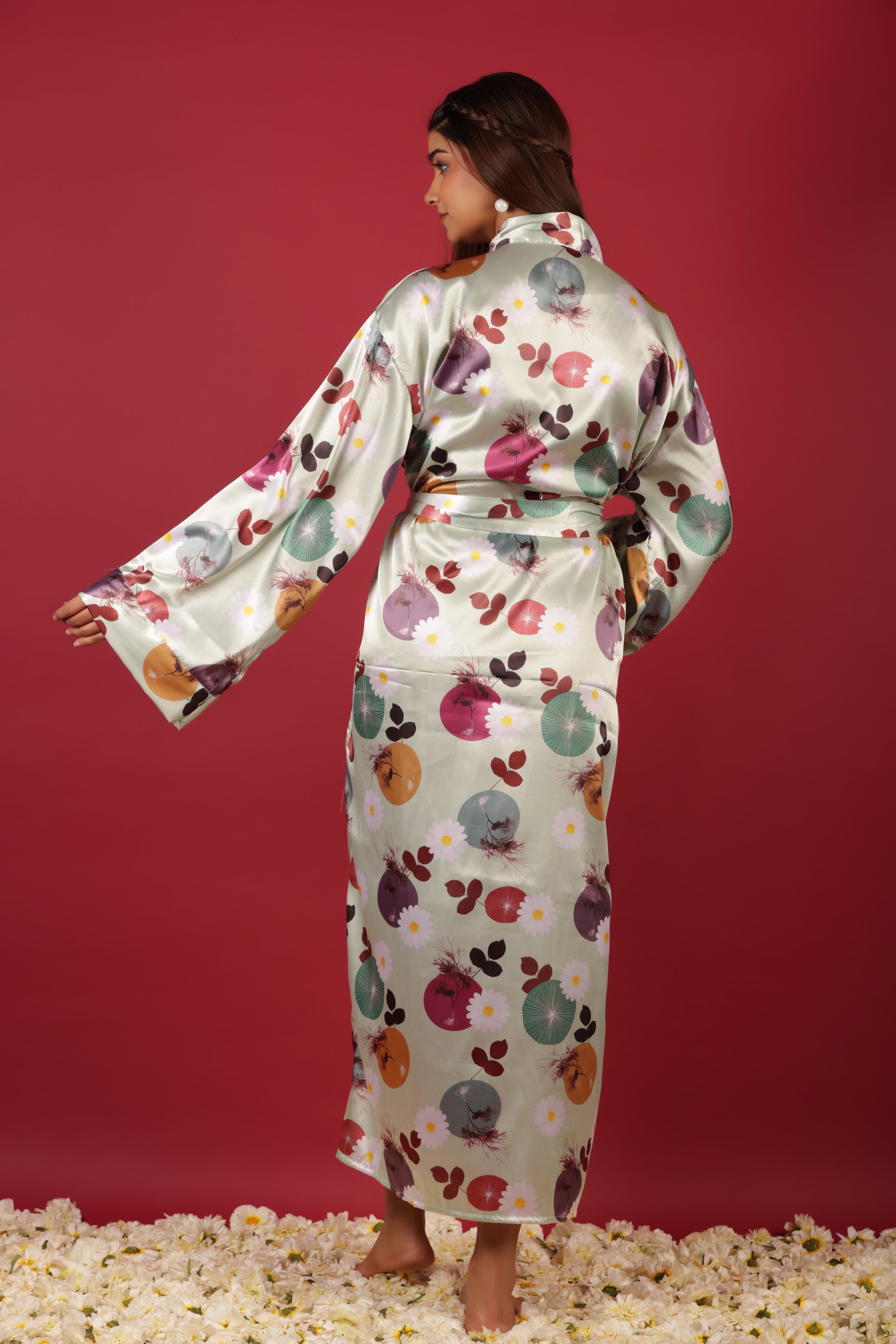 Floral Satin Kimono Beach Wear Belted Robe Cardigan